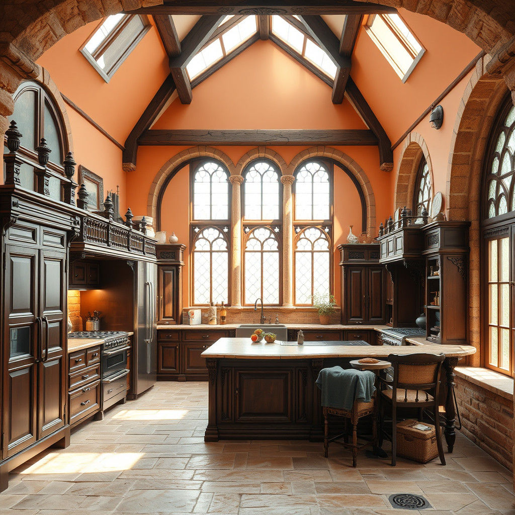 Ornate Tudor Colonial Kitchen in Peachy Orange Light