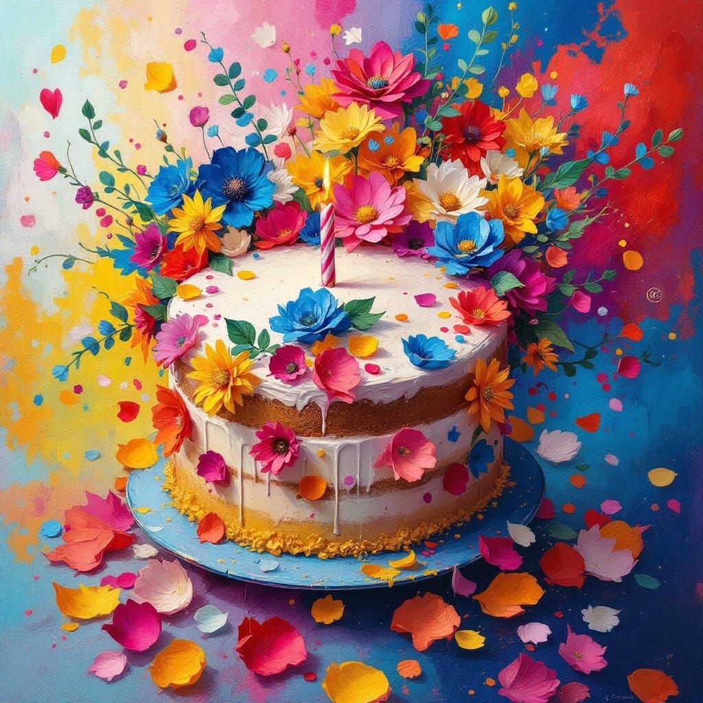 Vibrant Birthday Cake in Neo-Impressionist Expressionist Oil...
