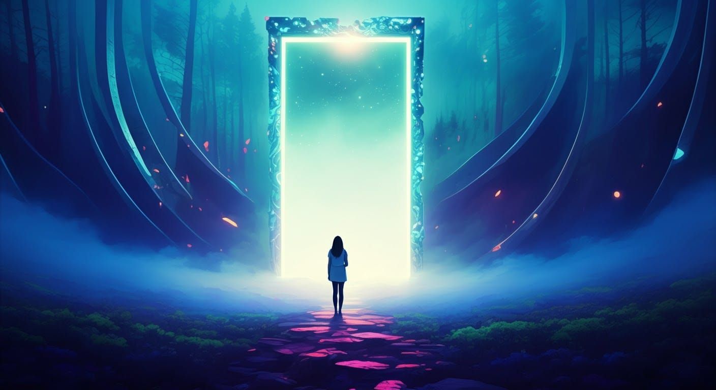 Woman Gazing at Portal in Rothko-esque Forest