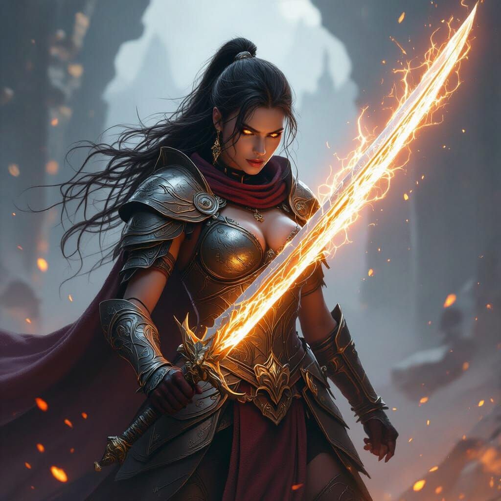 Warrior Woman Channels Arcane Energy on Battlefield