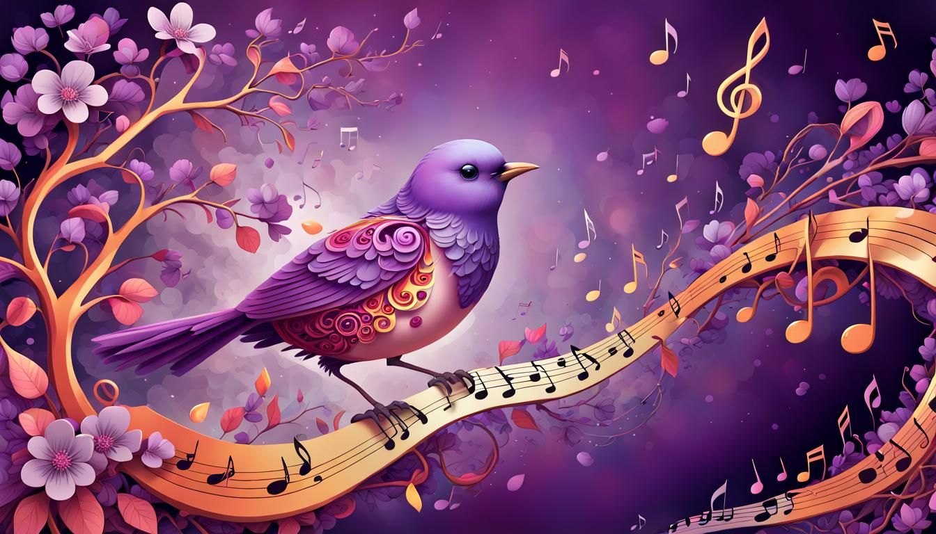 Cute Purple Bird with Musical Notes in Kawaii Style