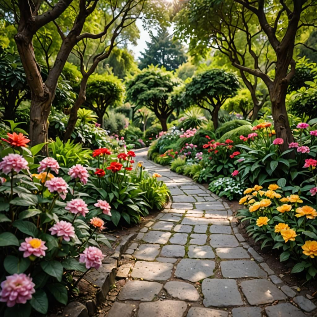 Botanical Garden Alley with Flowers in Natural Light