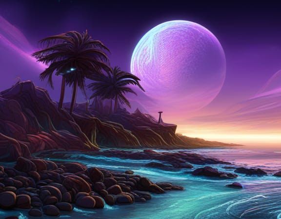 Alien Beach With Neon Colors: Futuristic Concept Art