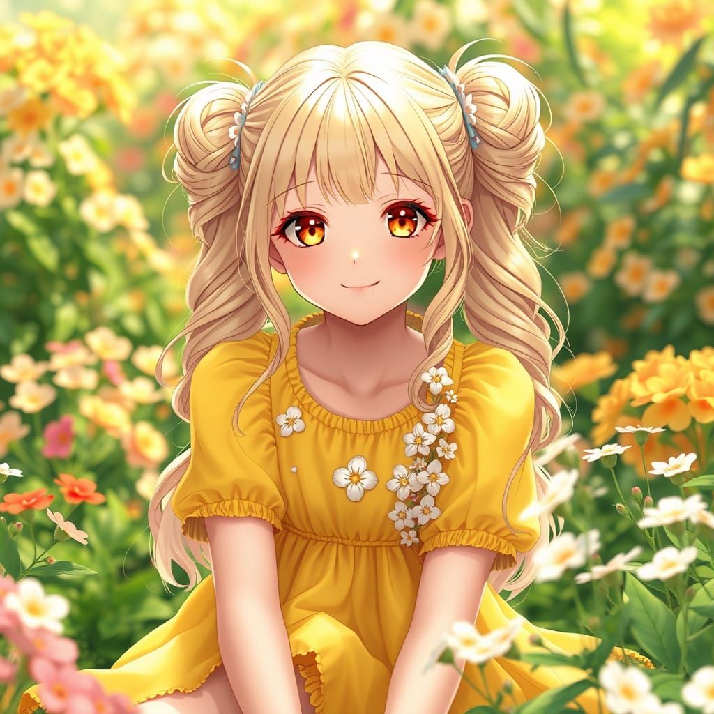 Vibrant Girl in Lush Garden with Golden Eyes and Light Blond...