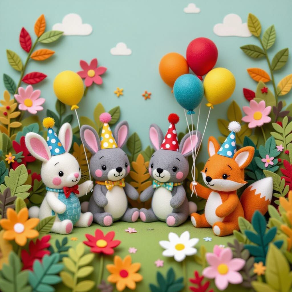 Colorful Felt Animals Celebrate in Bush Setting