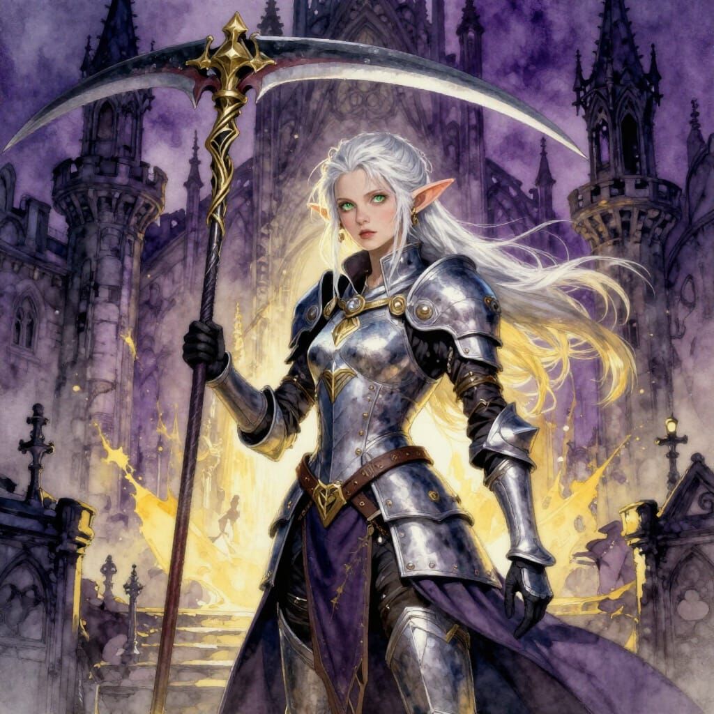 Elf Warrior Poses with Scythe in Gothic Castle Watercolor