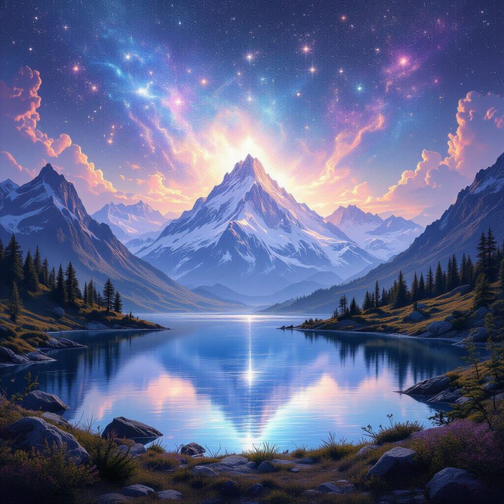 Cosmic Mountain Lake Illustration in Amaringo Style