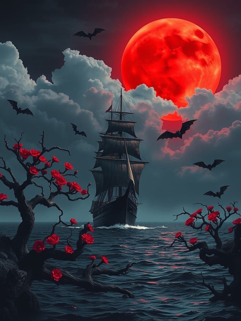 Eerie Viking Ship Under Red Moon, Dark Whimsy Style