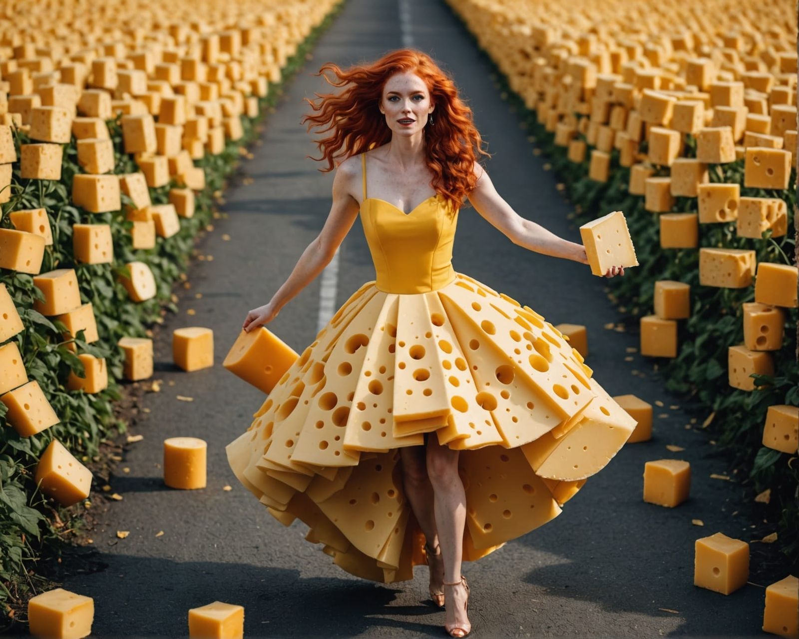 Woman in Cheese Dress on Runway
