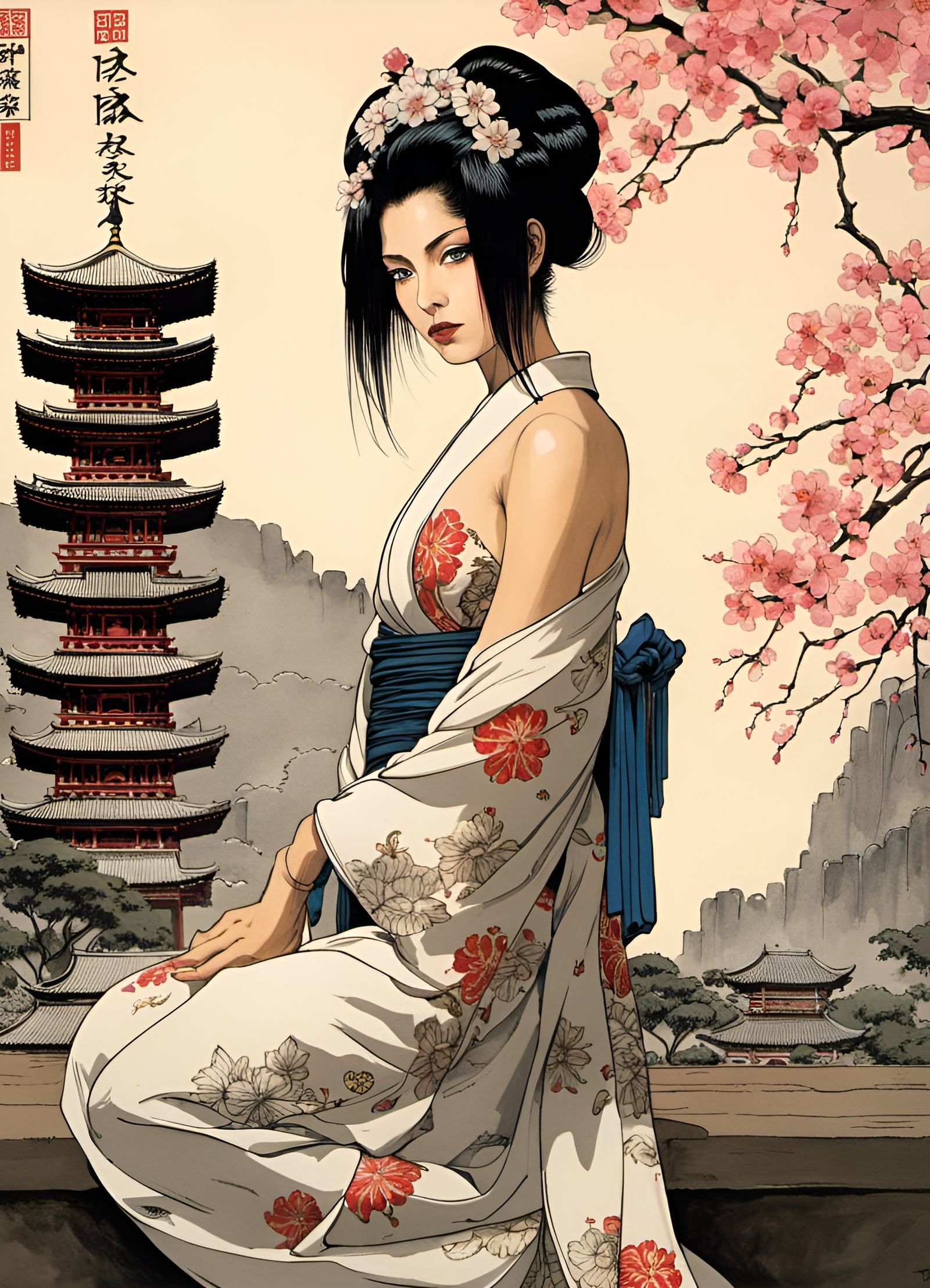 Geisha Ninja Meditating in Temple City