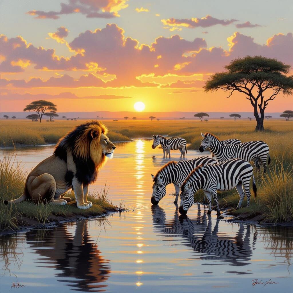 Majestic Lion Watches Zebras by River at Sunset