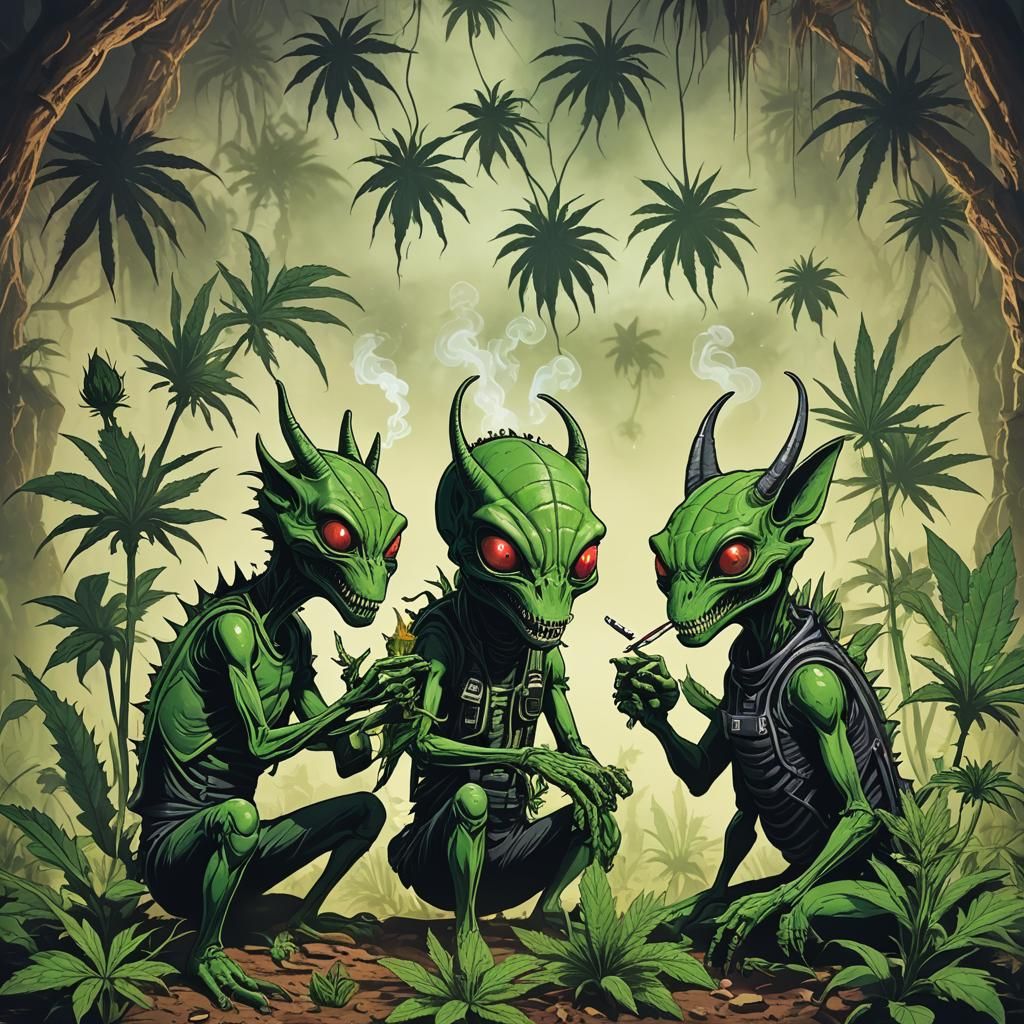 Chupacabra and Alien Smoking Weed, 4K Render