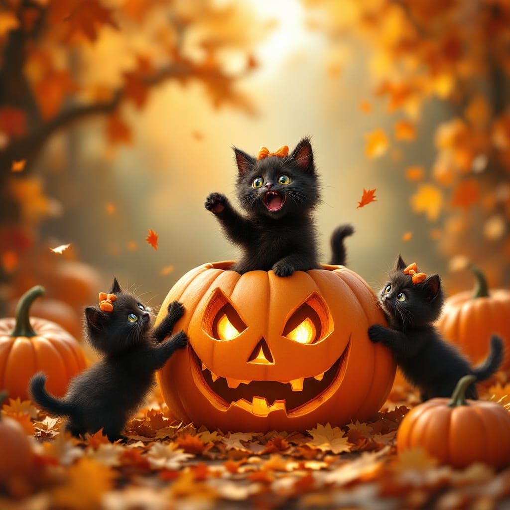 Startled Jack-O-Lantern with Kittens in Autumn Scene