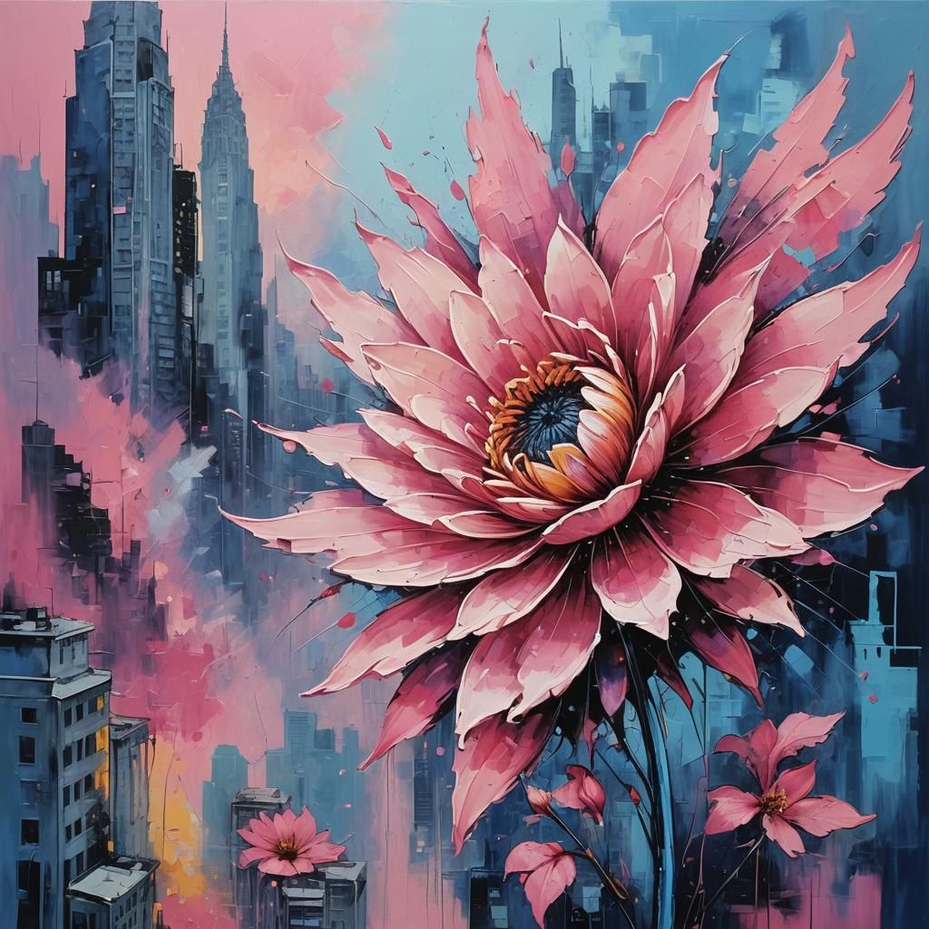 Abstract Cityscape with Pink Skyscraper in Twilight