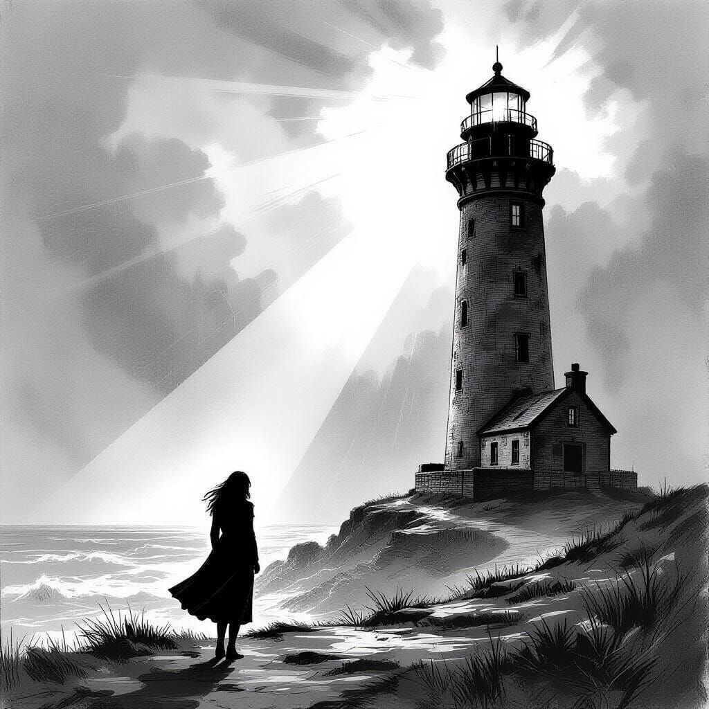 Lone Woman Before Lighthouse in Stormy Sketch Style