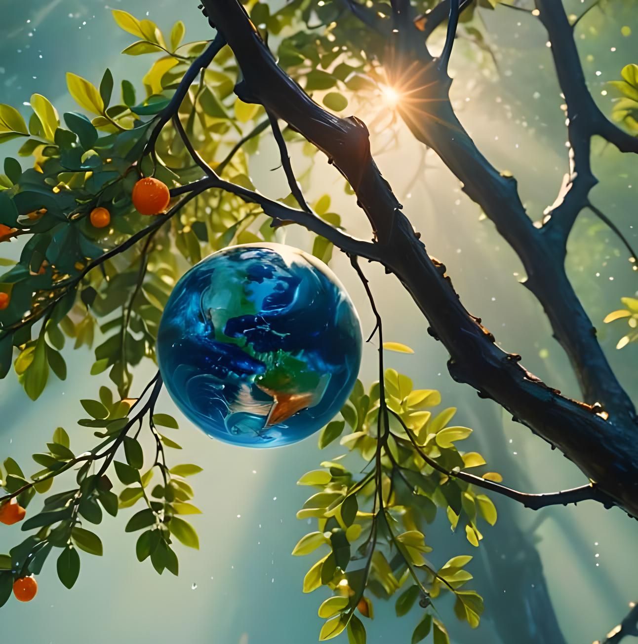 Hyperrealistic Earth-Apple on Branch in Splash Art Style