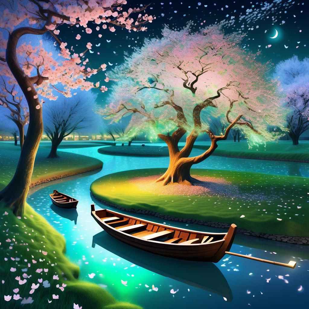 Magical Winter Boats on Stream with Cherry Blossoms