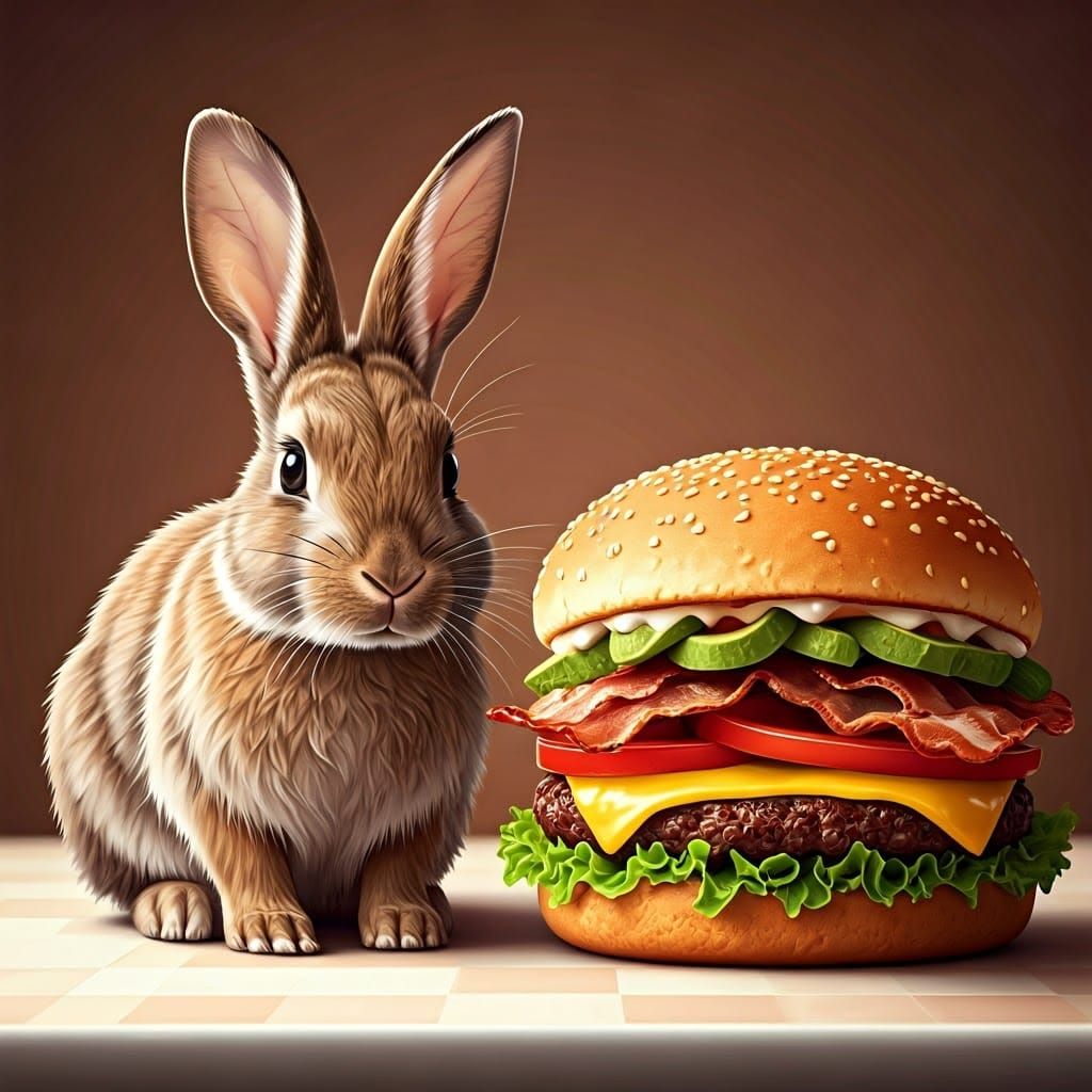 Whimsical Rabbit Savoring Retro-Style Cheeseburger in Cozy D...