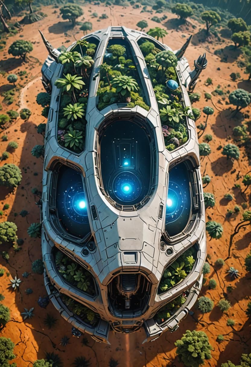 An alien spacecraft (flying high) over an alien landscape fu...