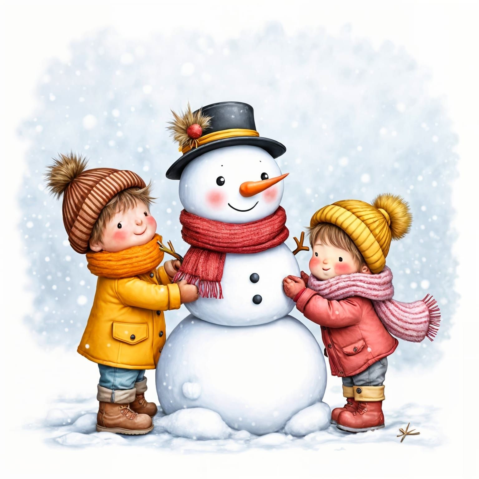 Children Joyfully Build a Snowman in Pencil Art Style
