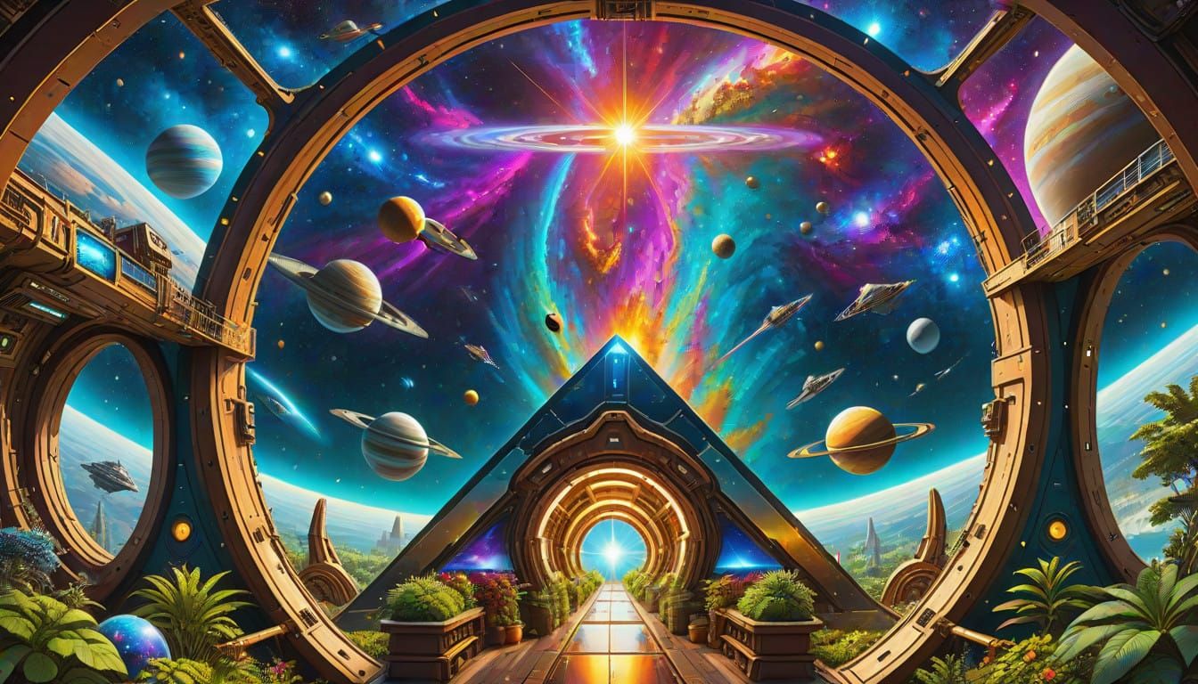 view through large portals of galactic ark fleet beautiful e...
