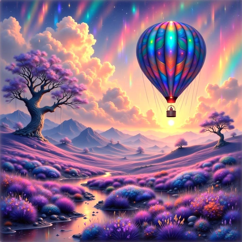 Prism Balloon Over Lavender Field, Art Nouveau Surrealism