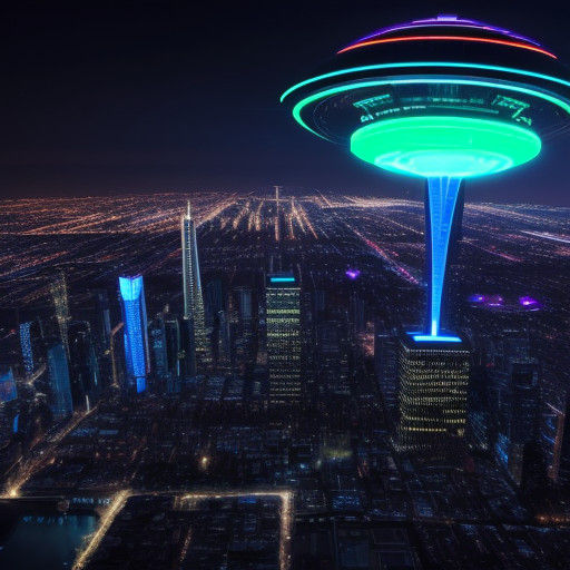 Glowing UFO Dominates Futuristic Cityscape at Dusk