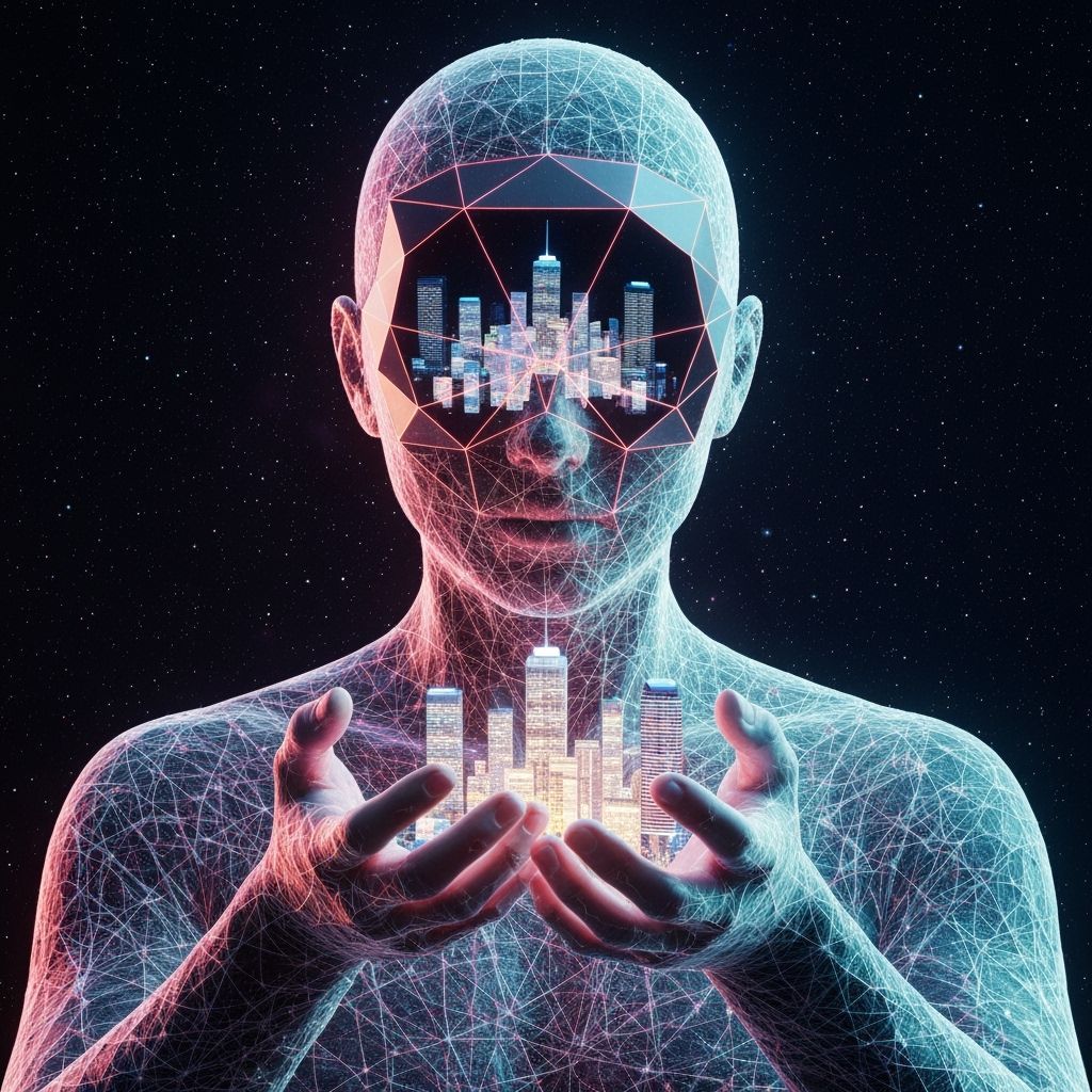 Futuristic Figure Holds Glowing Cityscape in Neon Style