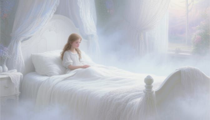 Ethereal Girl in White Bedroom, Fantasy Art