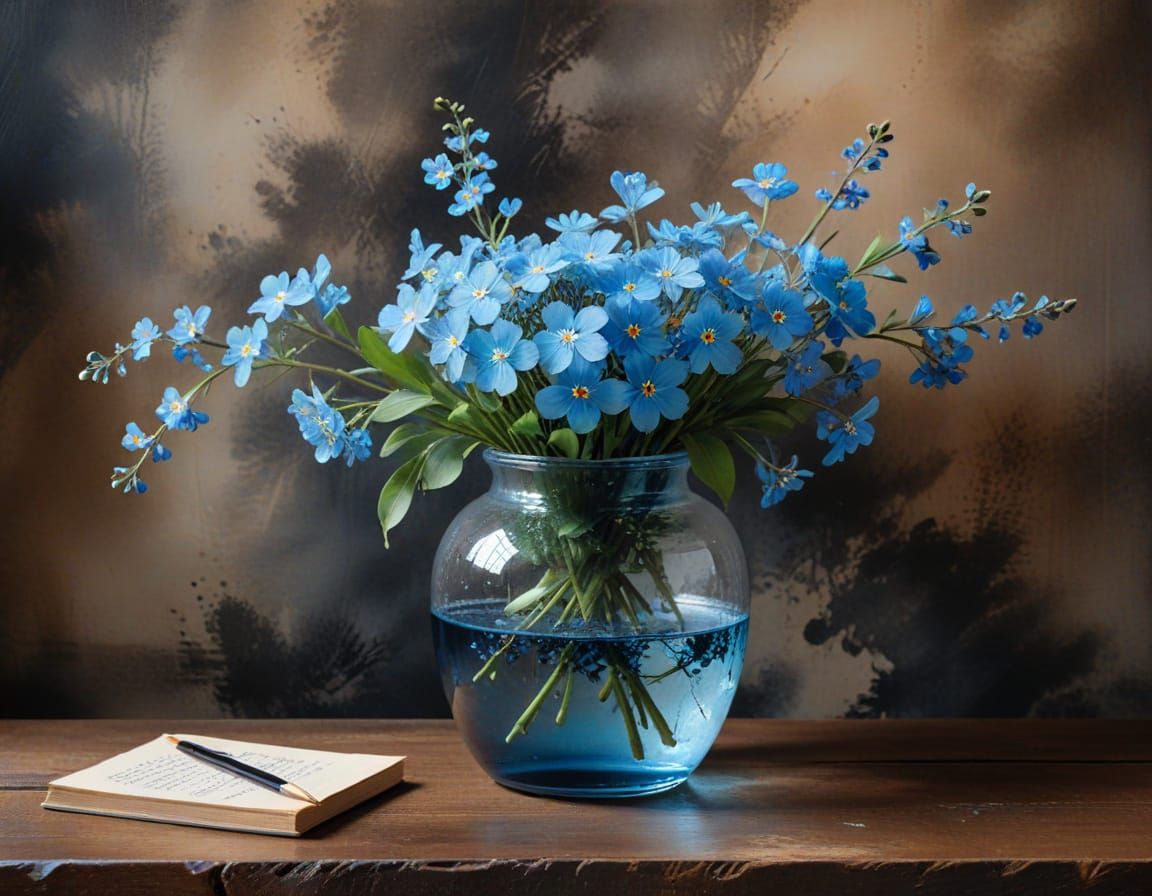 Forget-Me-Nots in Vase: Chinese Ink Painting