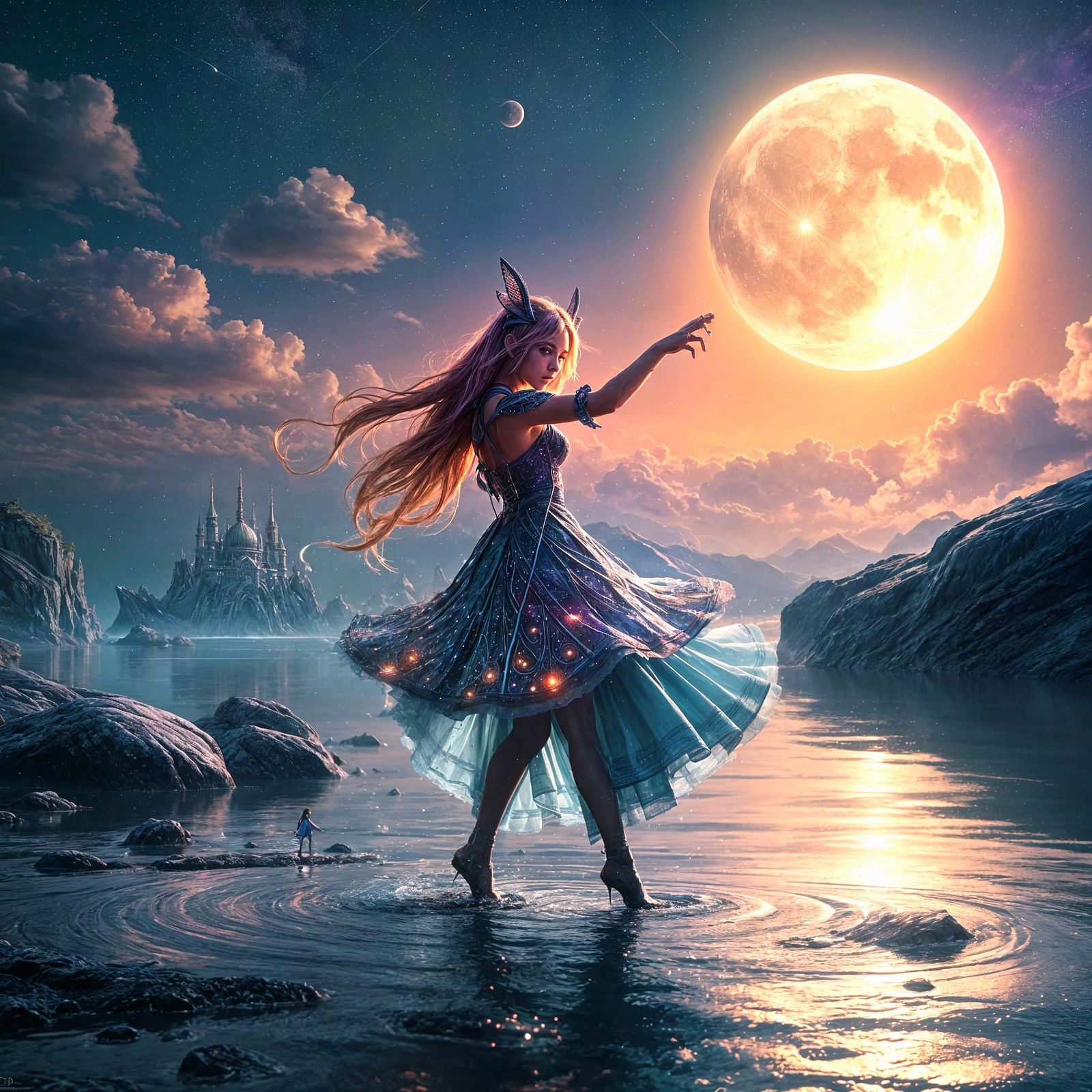 Girl Dancing by Moonlit River in Galaxy Dress