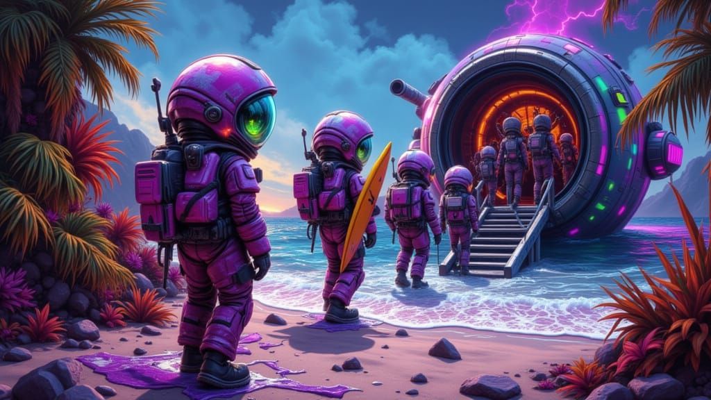 Intergalactic Crew on Alien Beach in Splash Art Style