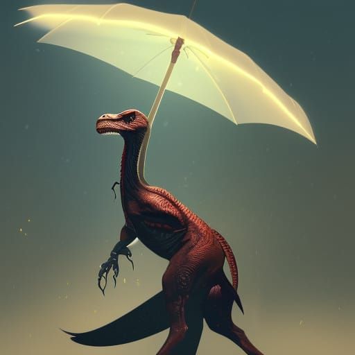 Old woman hits a velociraptor with an umbrella