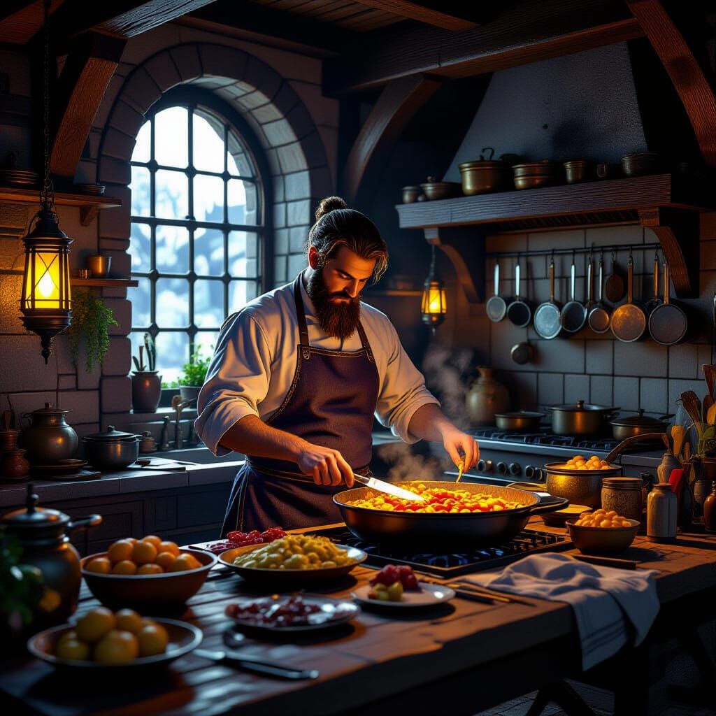 Medieval Chef Prepares Feast in Cozy Kitchen