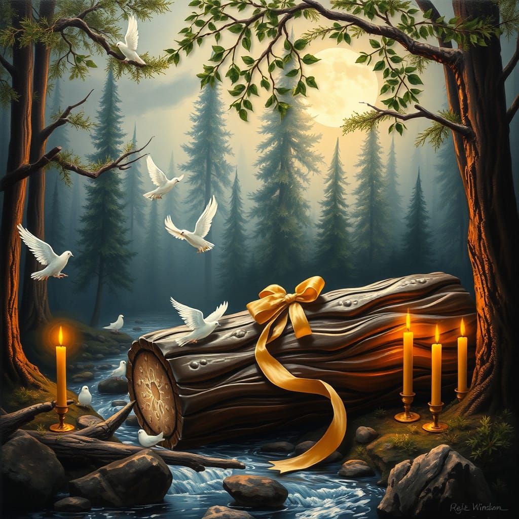 Impressionist Winter Scene with Encaustic Wax Yule Log and P...