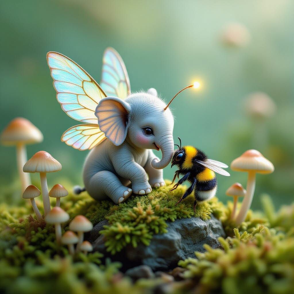 Winged Elephant Cradled by Bee in Painterly Style