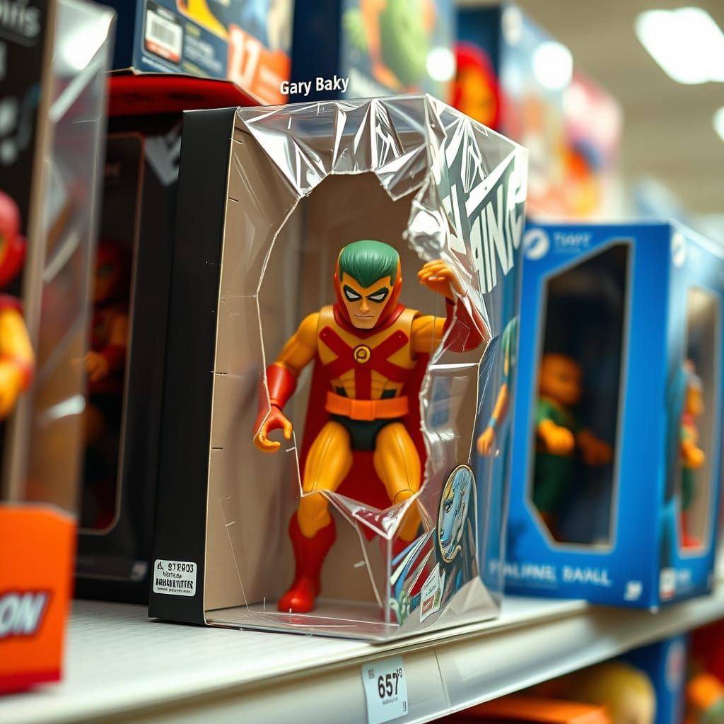 Action Figure Trapped in Toy Box, Surrounded by Identical Co...