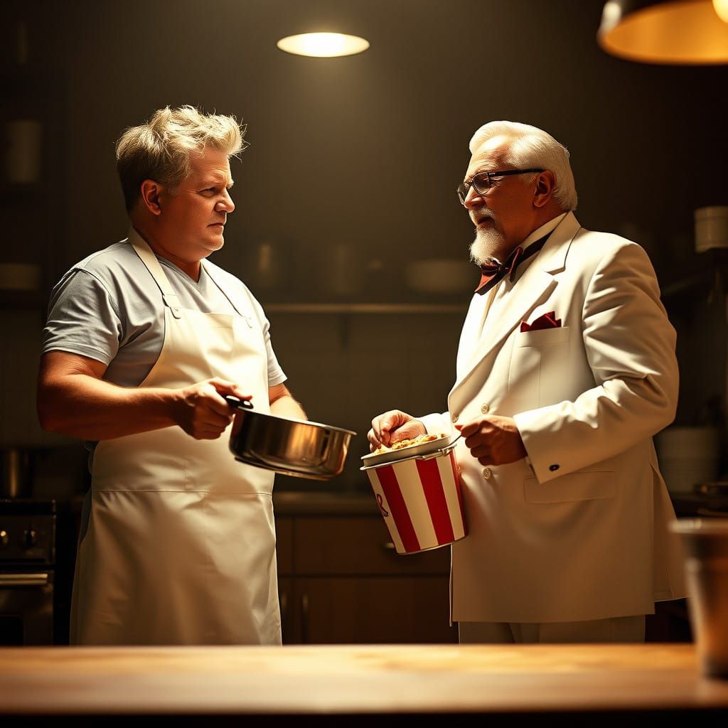 Gordon Ramsay teaches Colonel Sanders how to fry chicken