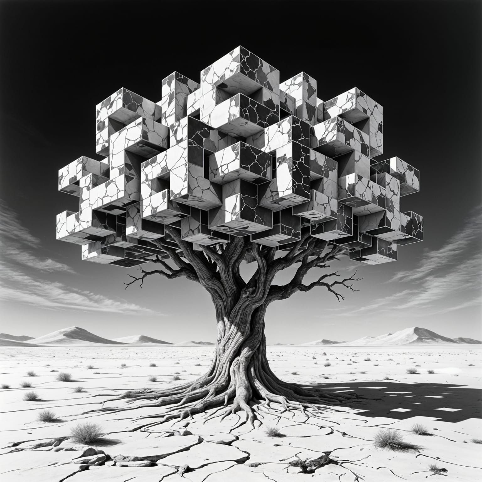 Ancient Geometric Tree in Vast Desert Landscape