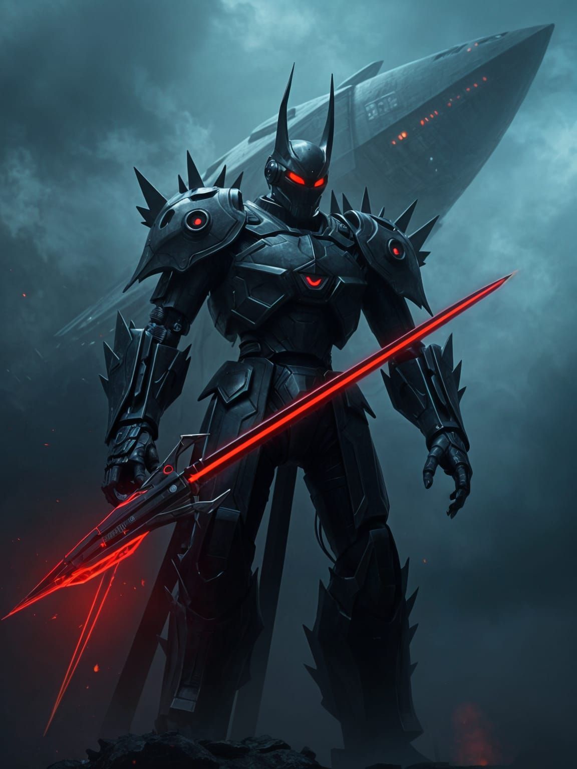 Gothic Medieval Robot in Dark Futuristic Landscape