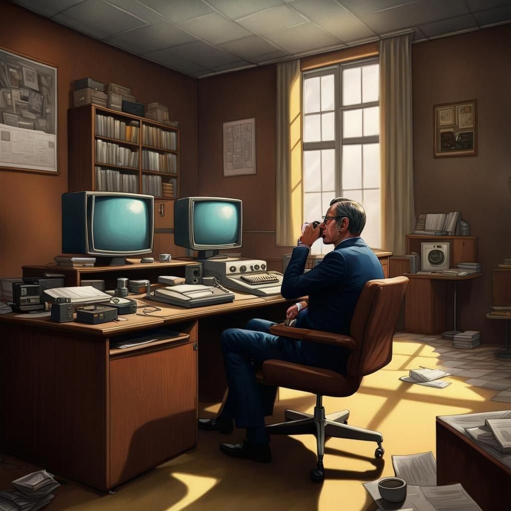 Tired Stasi Agent Sipping Coffee in Office