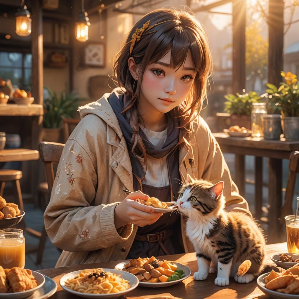 Girl Shares Food With Kitten in 3D Anime Art