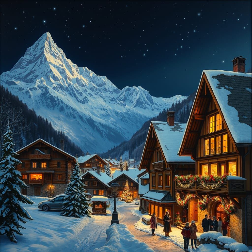 Vintage Oil Painting of Swiss Alps Village at Winterfest