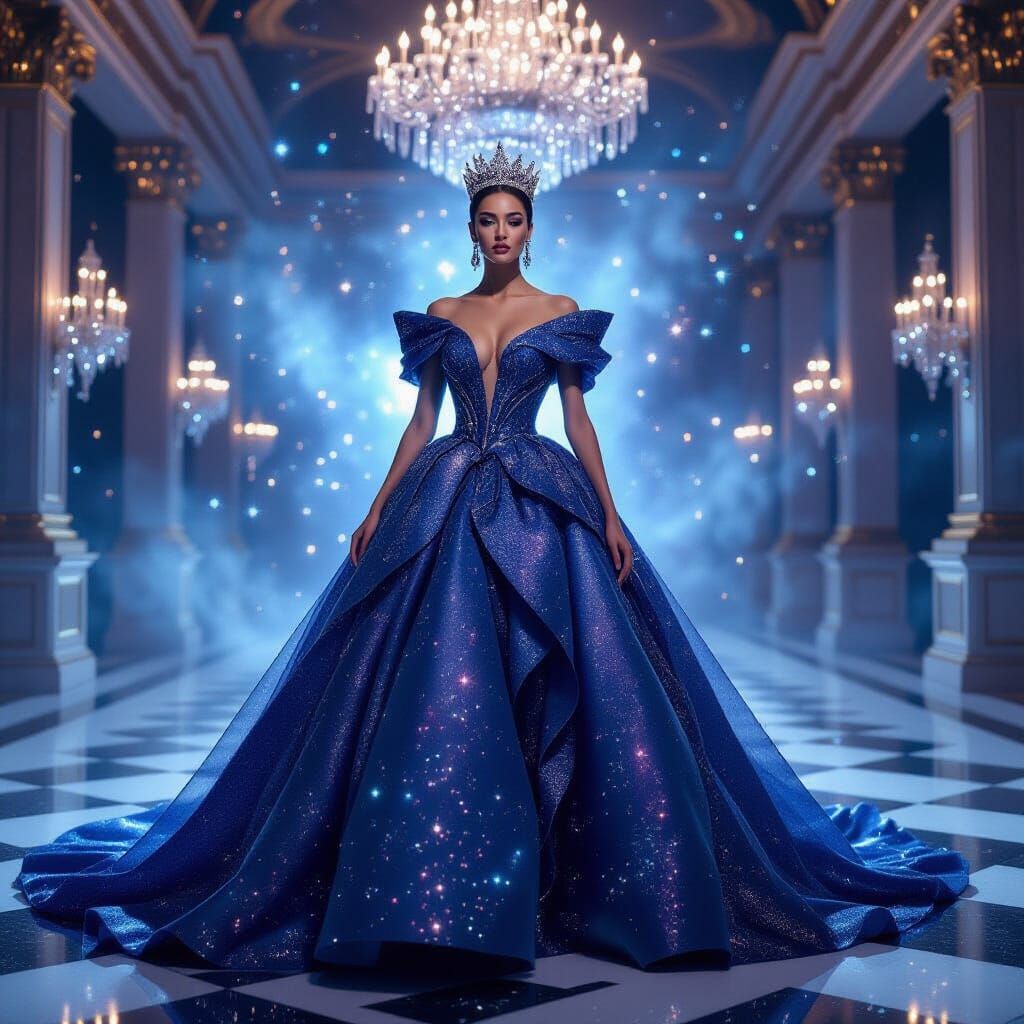 Majestic Queen in Cosmic Nebula Ballroom