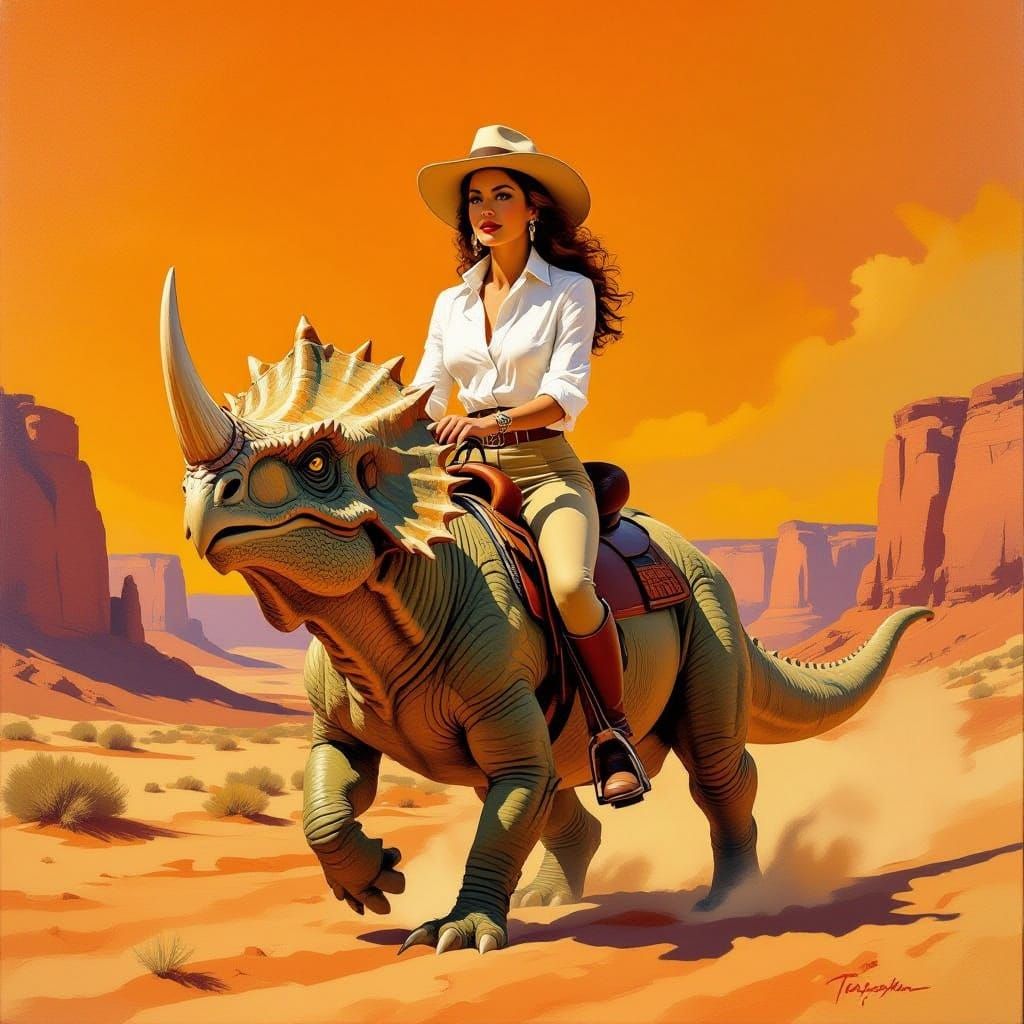 Sophia Loren Rides a Triceratops: Impressionistic Oil Painti...