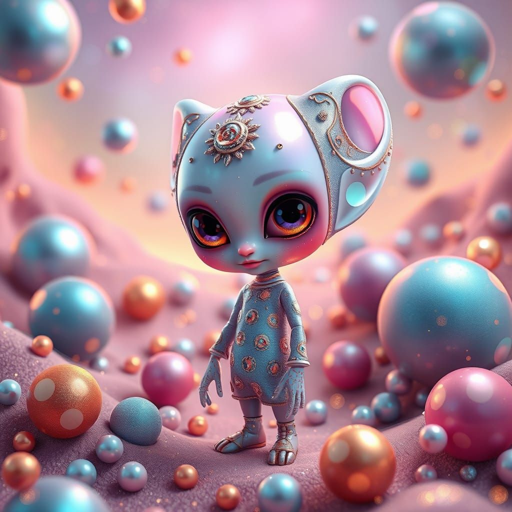 Cute Alien Girl in Surreal Iridescent Landscape