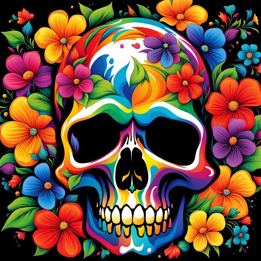 Rainbow Of Colors Flowers & Skull