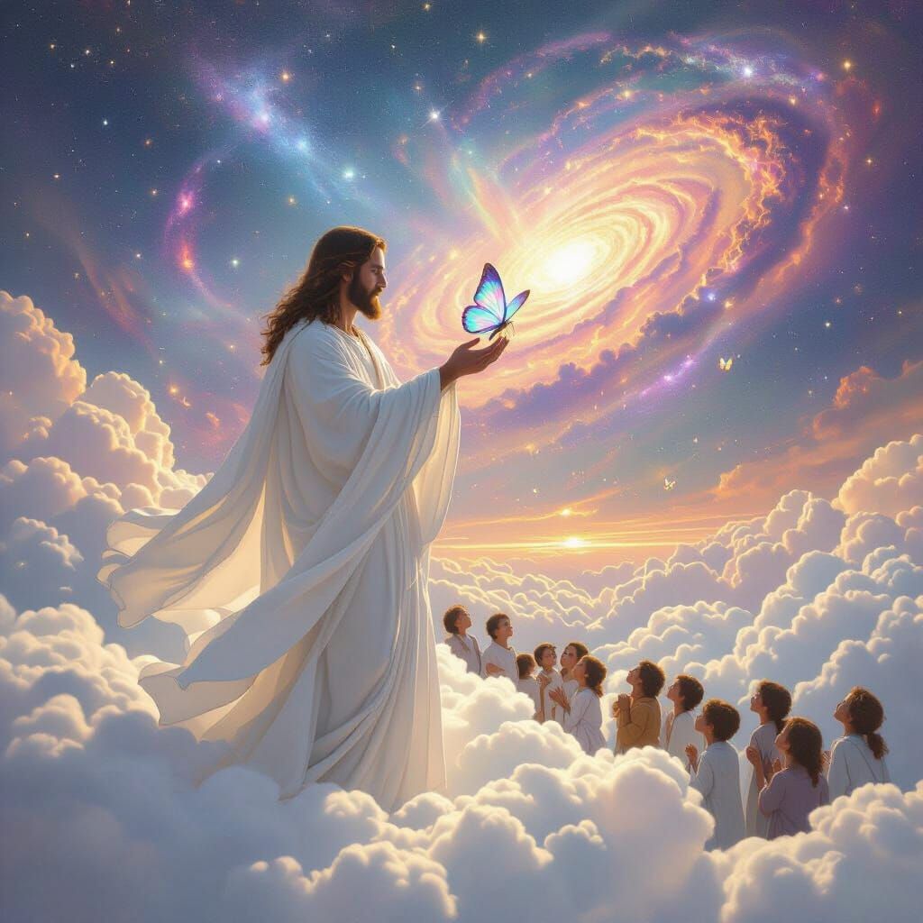 Jesus with Butterfly on Clouds Above Galaxy