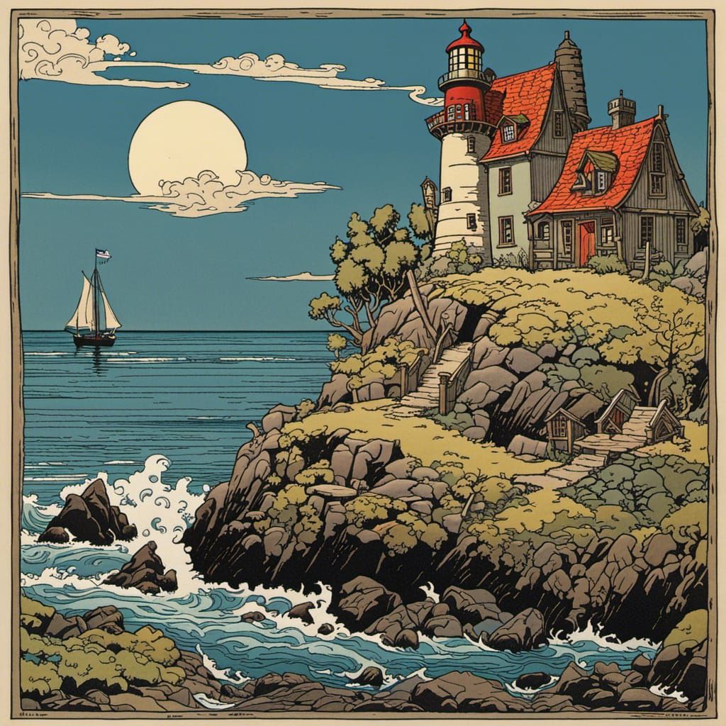Island Lighthouse with Cottages in Detailed Matte Painting S...