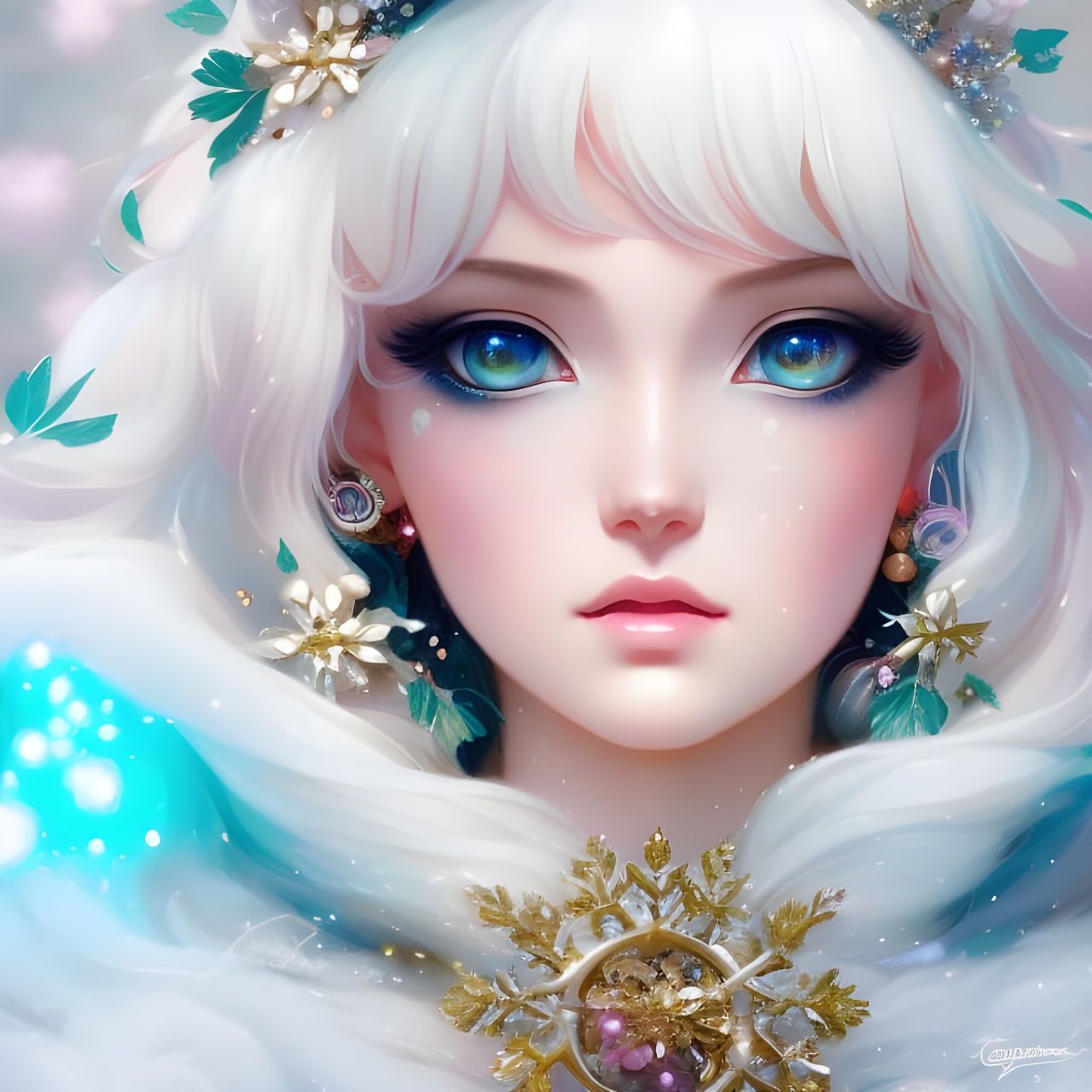 Ghibli Snow Goddess with Flowers and Sparkle